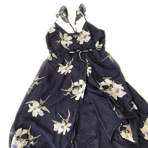 Navy Blue Floral Print High-Low Wrap Dress